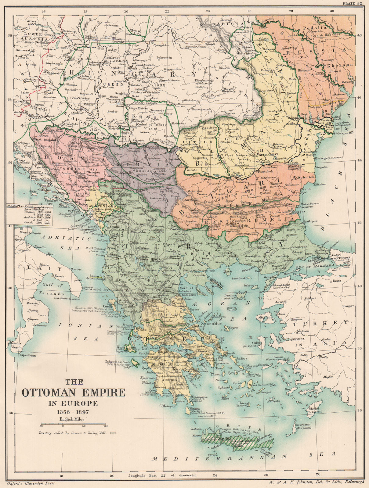 OTTOMAN EMPIRE 1356-1897. Greece Bulgaria Servia Rumania Bosnia 1902 old map